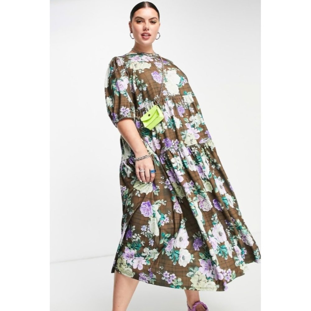 ASOS Olive Floral Midi Dress with Purple & White Blooms